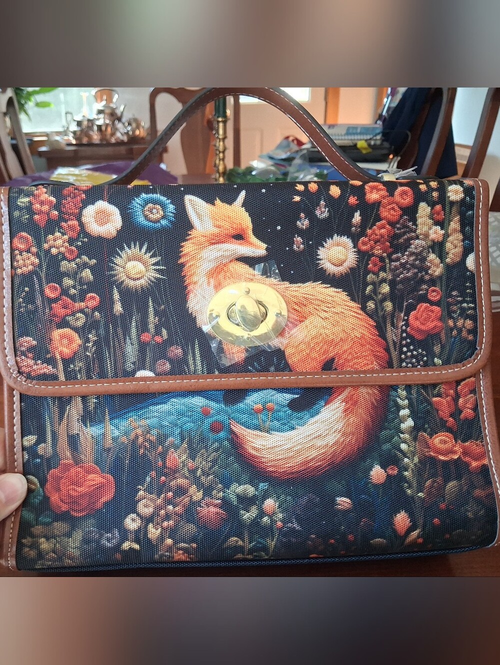 Folkloric Cottagecore Fox Satchel/crossbody Purse Vegan Leather Black NWOT